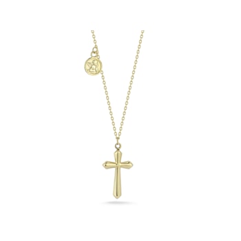 Bellissima Gold 14K Yellow Gold Cross Pendant with Cherub Charm Necklace