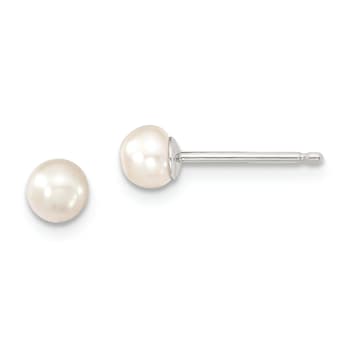 Rhodium Over Sterling Silver 4-5mm White Button FWC Pearl Post Earrings