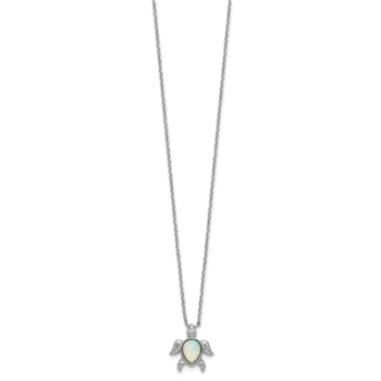 Rhodium Over Sterling Silver Lab Created Opal and Cubic Zirconia Turtle Necklace