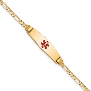 10k Yellow Gold Medical Soft Diamond Shape Red Enamel Figaro Link ID Bracelet