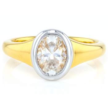 Two-Tone Bezel Set Oval Moissanite Solitaire Ring In 14k Gold Over Silver