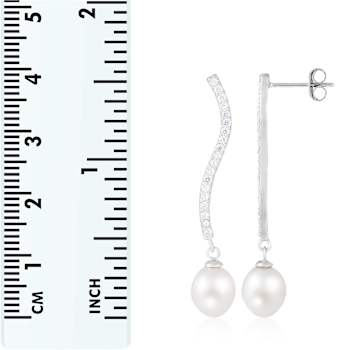 7½-8mm White Cultured Freshwater Pearl and Cubic Zirconia Rhodium Over
Sterling Silver Earrings