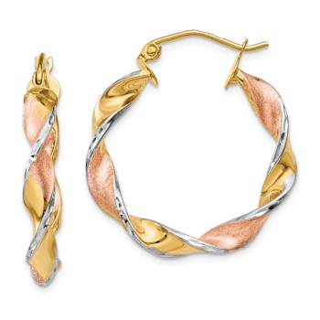 14k Yellow Gold and Rhodium Over 14k Yellow Gold 3/4" Satin Twisted
Hoop Earrings