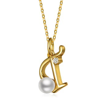 Initial T CZ And Pearl Simulant Pendant Necklace In 14K Gold Over Brass