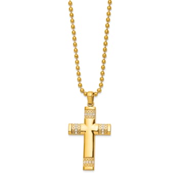 White Cubic Zirconia Stainless Steel  Yellow IP-plated Men's Cross
Pendant With Chain