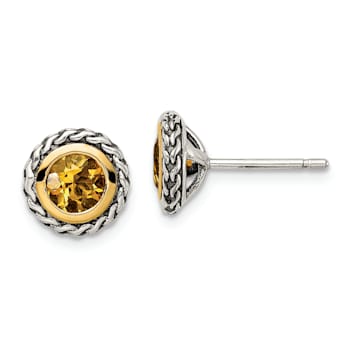 Sterling Silver Antiqued with 14K Accent Citrine Post Earrings