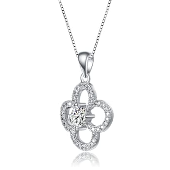 CZ Flower Pendant Necklace In White Rhodium Over Brass