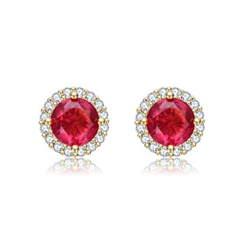 Ruby Color CZ Halo Stud Earrings In 14K Gold Over Brass