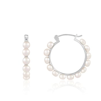 4-5mm White Cultured Freshwater Pearl Rhodium Over Sterling Silver Earrings