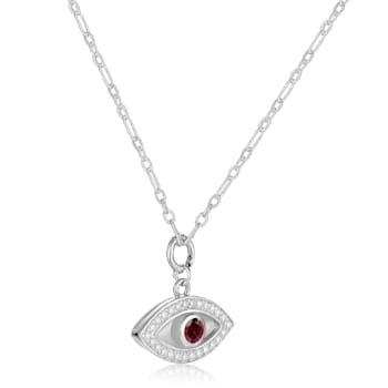 Garnet and Moissanite Rhodium Over Sterling Silver Evil Eye Necklace