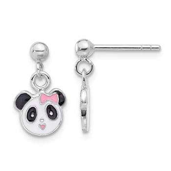 Rhodium Over Sterling Silver Enameled Panda Children's Post Dangle Earrings