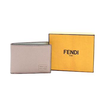 Fendi FF Logo Plaque Light Gray Pebbled Calf Leather Bifold Wallet