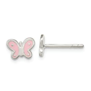 Rhodium Over Sterling Silver Polish Pink Enamel Butterfly Childs Post Earrings
