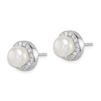 Rhodium Over Sterling Silver 7-8mm White Button Freshwater Cultured
Pearl Cubic Zirconia Earrings