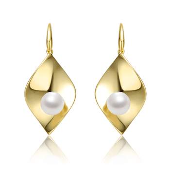 Lily Pad And Freshwater Pearl Drop Earrings In 14K Gold Over Sterling Silver