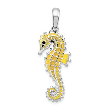 Rhodium Over Sterling Silver 3D Enameled Yellow Seahorse Pendant