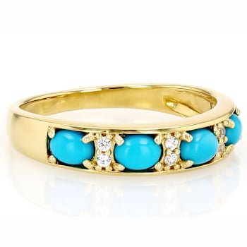 Turquoise And White Zircon Band Ring In 18K Gold Over Sterling Silver 0.05ctw