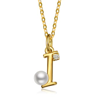 Initial I Pearl And CZ Pear Shape Pendant Necklace In 14K Gold Over Brass