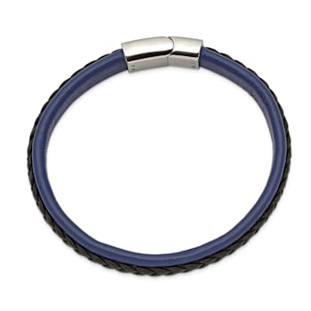 Black and Blue Faux Leather and Stainless Steel Polished 8.25-inch Bracelet