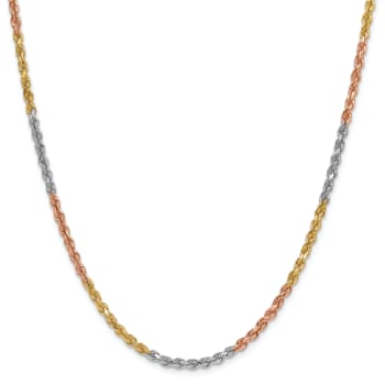 14k Yellow Gold, 14k White Gold and 14k Rose Gold 3mm Solid Diamond-Cut
Rope 24 Inch Chain