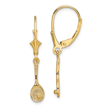14k Yellow Gold Polished and Textured Tennis Racquet with Ball Dangle Earrings