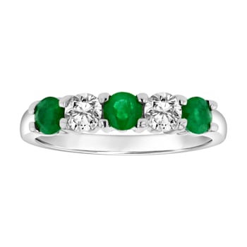 14K White Gold 5-Stone Emerald and Diamond Band Ring, 1.11ctw