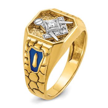 10K Two-tone Yellow and White Gold Textured and Enamel Diamond Blue
Lodge Masonic Ring 0.1ctw