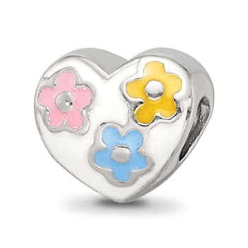 Sterling Silver Enameled Heart with Flowers Bead