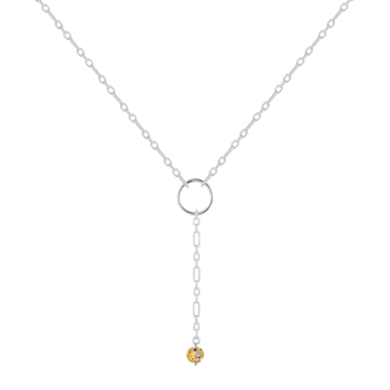 Round Citrine Rhodium Over Sterling Silver Dainty Necklace