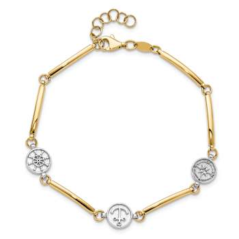 14K Two-tone Gold Polished Compass and Anchor Link Bracelet