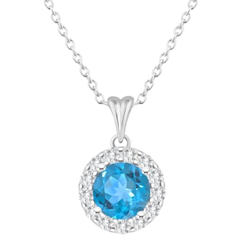 7mm Round Swiss Blue Topaz and White Topaz Accent Rhodium Over Sterling
Silver Halo Pendant w/Chain