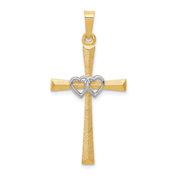 14k Yellow Gold and 14k White Gold Textured and Polished Latin Cross
with Hearts Pendant