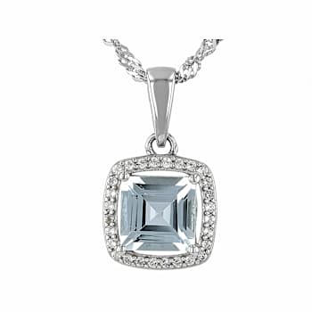 Aquamarine And White Topaz Halo Pendant Necklace In Sterling Silver
