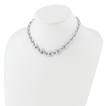Rhodium Over Sterling Silver Hollow Graduated Marina Link 17-inch Necklace
