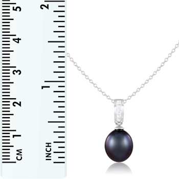 8-8.5mm Black Cultured Freshwater Pearl Sterling Silver Pendant W/Chain