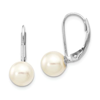Rhodium Over 14K White Gold 7-8mm Round White Saltwater Akoya Pearl
Leverback Earrings