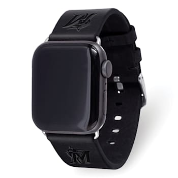 Gametime MLB Miami Marlins Black Leather Apple Watch Band (42/44mm S/M).
Watch not included.