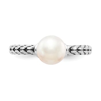 Rhodium Over Sterling Silver Stackable Expressions 7.0-7.5mm White
Freshwater Cultured Pearl Ring