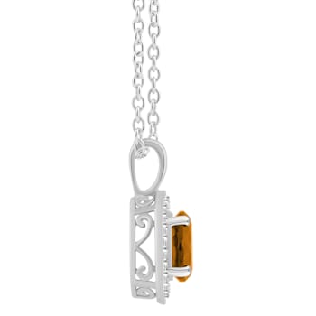 7mm Round Citrine 1/8 ctw Diamond Rhodium Over Sterling Silver Halo
Pendant with Chain