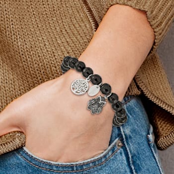 Stainless Steel Antiqued and Polished Owl Black Jade Stretch Bracelet