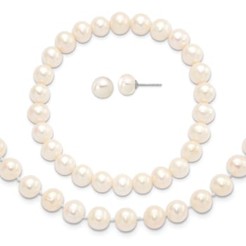 Rhodium Over Sterling Silver 7-8mm White Freshwater Pearl Earring
Bracelet Necklace Set