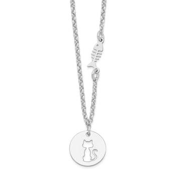 Sterling Silver Rhodium-plated Kitty and Fish with 1-inch Extension Necklace