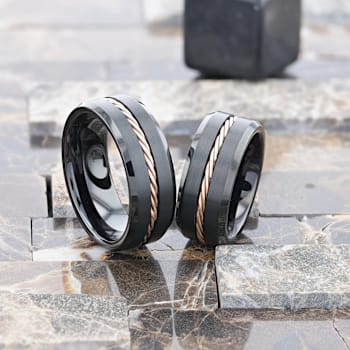 ADELARD Rose Gold Braided Brushed Center Black Tungsten Wedding Band
With Polished Beveled Edges 8mm