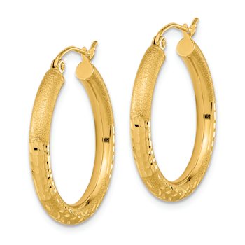 14k Yellow Gold Polished Satin and Diamond-cut 1 1/16" Hoop Earrings