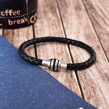 Mens Black Leather Braided Rope Bracelet with Stainless Steel Magnetic Closure