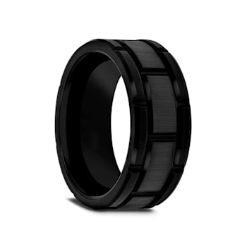 WINDSOR Beveled Black Tungsten Carbide Wedding Band with Brushed Finish
and Alternating Grooves 10mm