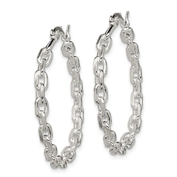 Sterling Silver Polished Textured Cable Chain 3x30mm Hoop Earrings