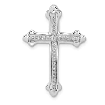 Rhodium Over 14k White Gold Polished Diamond Budded Cross Chain Slide Pendant