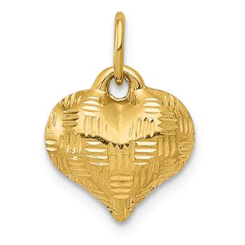 14k Yellow Gold Polished and Diamond-Cut Basket Weave Pattern 3D Heart Pendant