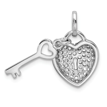 Rhodium Over Sterling Silver Cubic Zirconia Heart Lock and Key Pendant